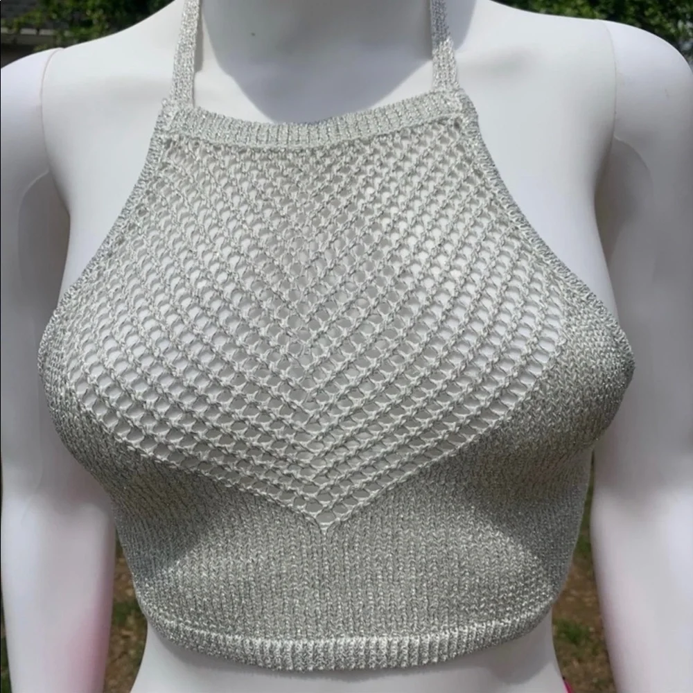 💋NWT Lovers + friends silver metallic halter bikini swim top - Picture 4 of 13